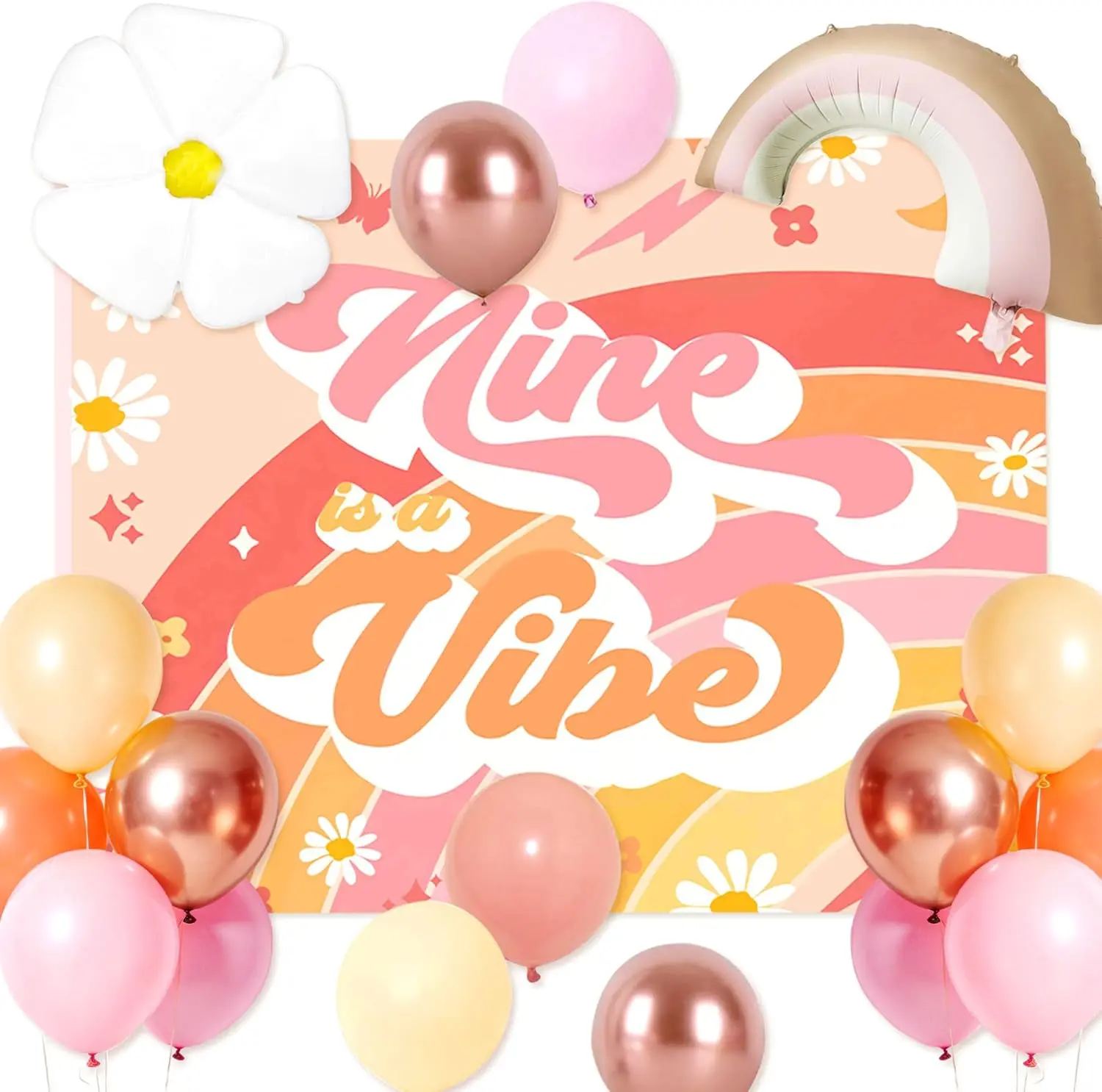78 PCS Nine is Vibe Party Decoration Backdrop Nine is Vibe Birthday Decoration Nine is Vibe Balloons Daisy Groovy Hippie Boho Party Favors