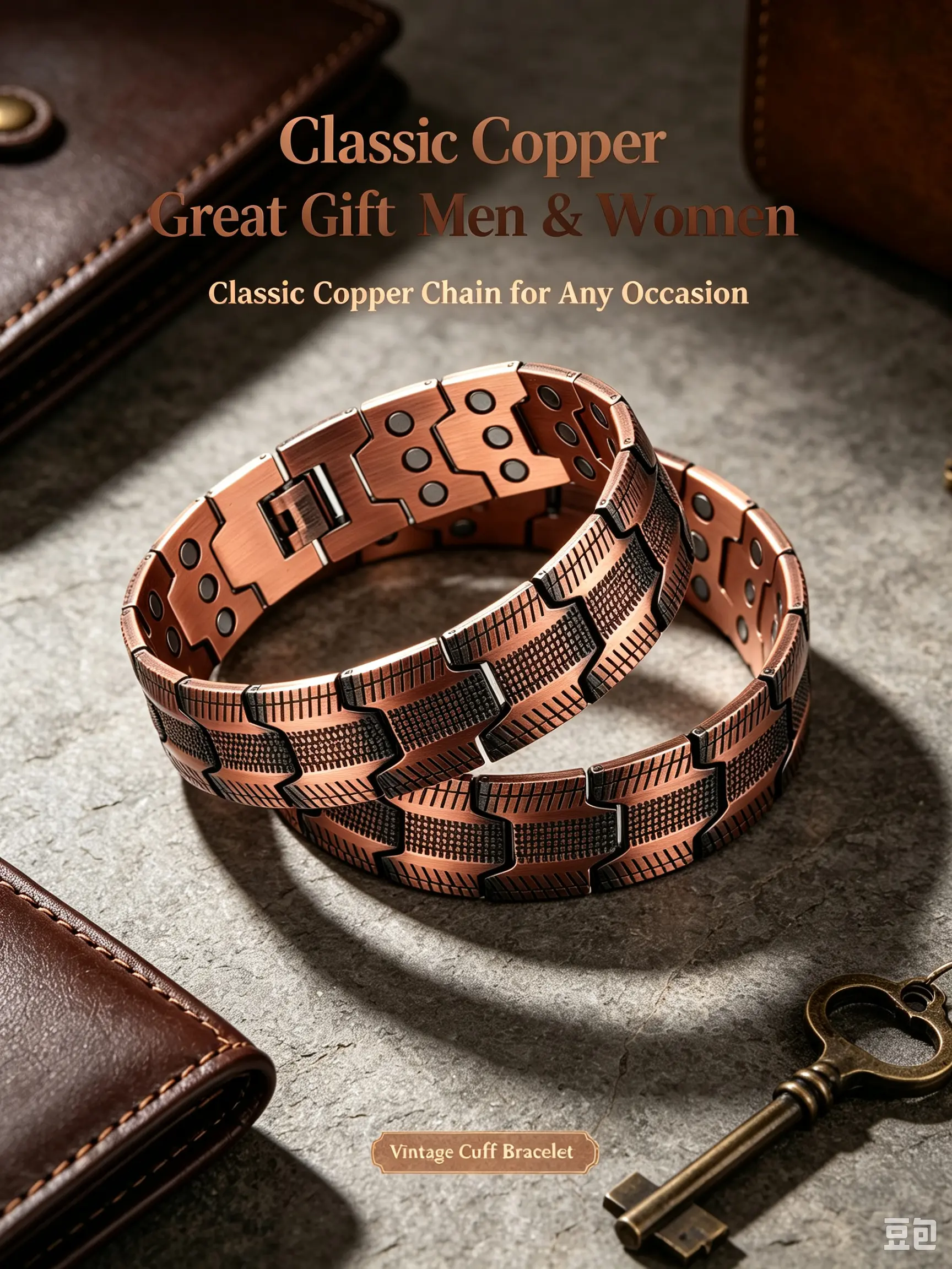Men's Vintage Copper Chain Bracelet Set, Classic Triple Row Cuff Bracelet with Adjustable Sizing Tool, Fashion Jewelry Gift for Valentine's Day, Father's Day, Birthday