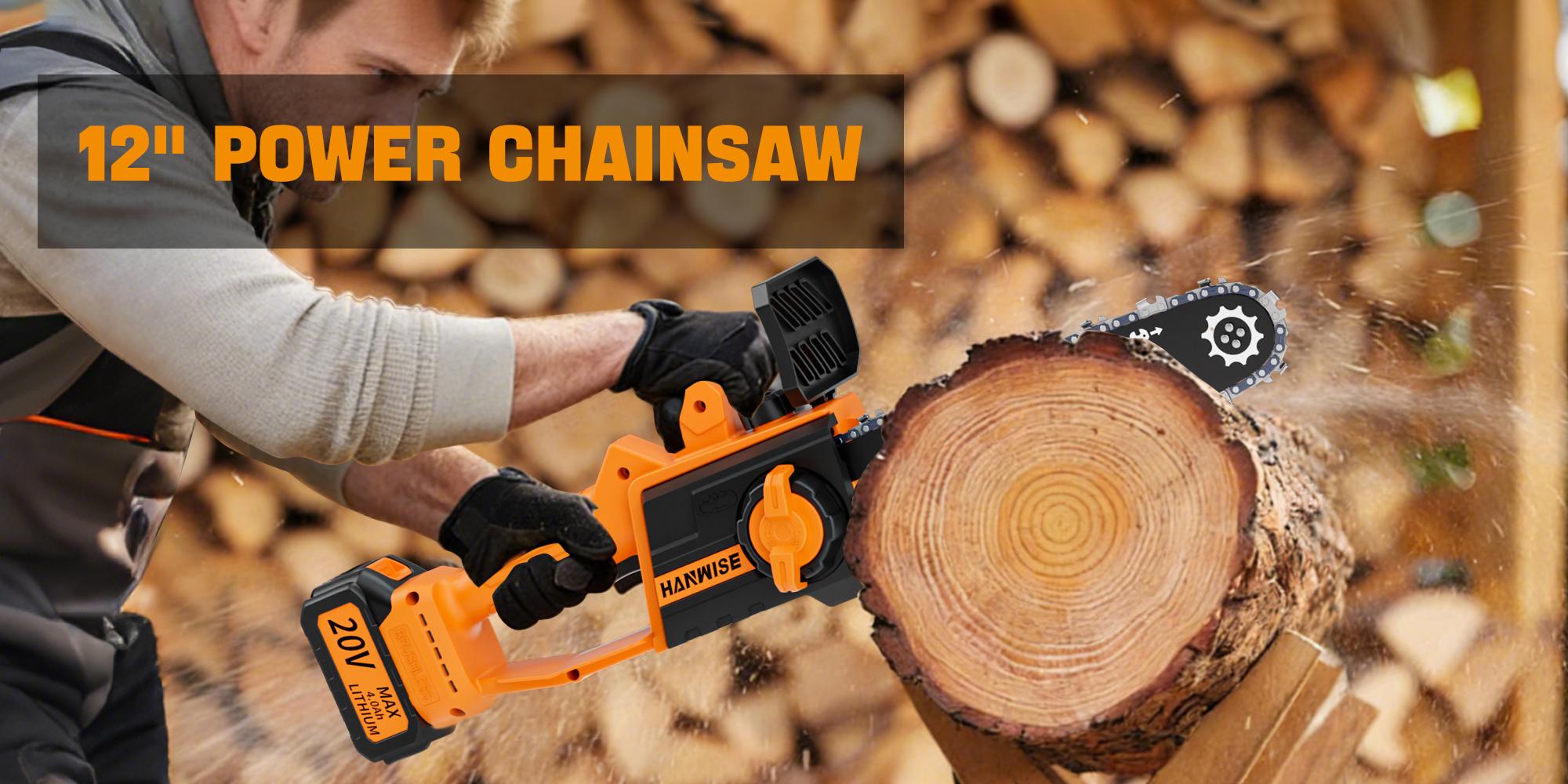 HANWISE 12 inch brushless electric chain saw, enhanced handheld design, with wireless and portable functions. Suitable for cutting wood, pruning trees, and maintaining courtyards and gardens. It is an excellent gift choice for men and husbands.