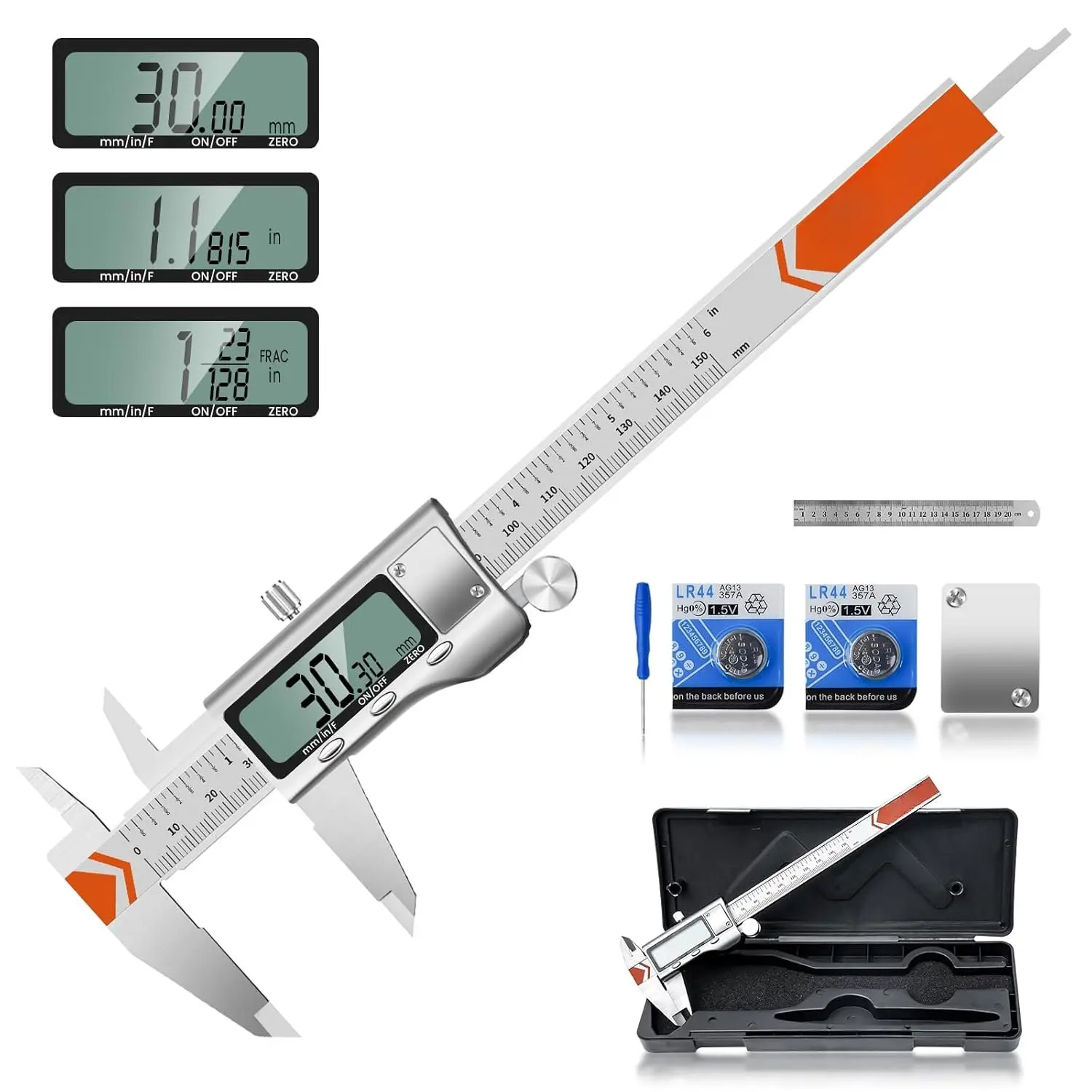Stainless Steel Digital Micrometer Caliper 2-Pack, 6-in Precision Measuring Tool with Large LCD, 4-in-1 Design, Inches/mm/Fraction Conversion, 5-Minute Auto-Off for Household DIY Precision Tasks, 6 Inch
