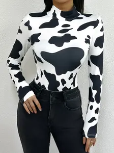 Women's Long Sleeve  Comfy and Stylish Bodysuit，for All Seasons，Cow print High Collar，For all Seasons，For Daily and Dating Look，Slim Fit Shapewear-UBL102