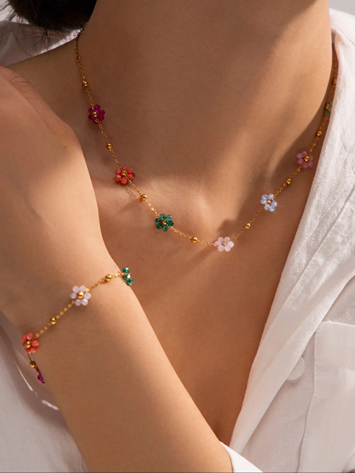 Women's Stainless Steel Handmade Flower Bracelet Necklace Set, Waterproof Rust-Resistant Matching Jewelry Set for Beach Vacation Daily Wear Gift Waterproof Jewelry Sets Trendy Fashionable Jewelry Set, Jewellery Gift Set