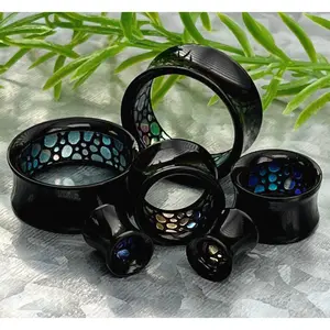 PAIR Inner Abalone-Look Pattern Inlaid Black Acrylic Saddle Tunnels Plugs Gauges