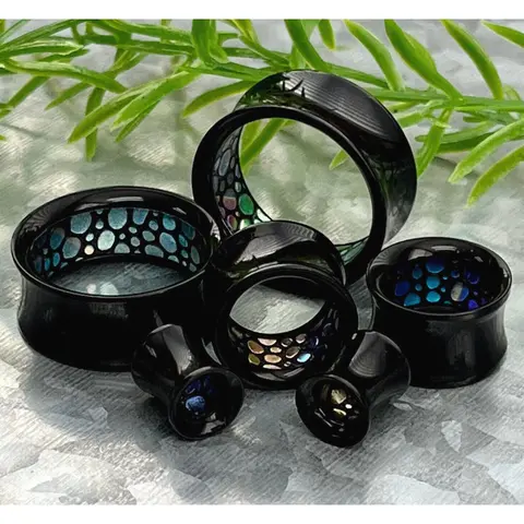 PAIR Inner Abalone-Look Pattern Inlaid Black Acrylic Saddle Tunnels Plugs Gauges