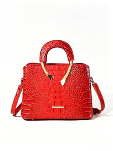 Vintage Crocodile Embossed Dome Satchel Bag, Metal Decor Handle Crossbody Purse, Detachable Strap Shoulder Bag, Red Elegant Handbag for Women