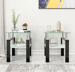 Modern End Table Set of 2,Tempered Glass Two-Tier End Table,Safety Tempered Glass Square Tops, Space-Saving End Tables for Stylish Living Rooms (Transparent & Black) Furniture Lounge