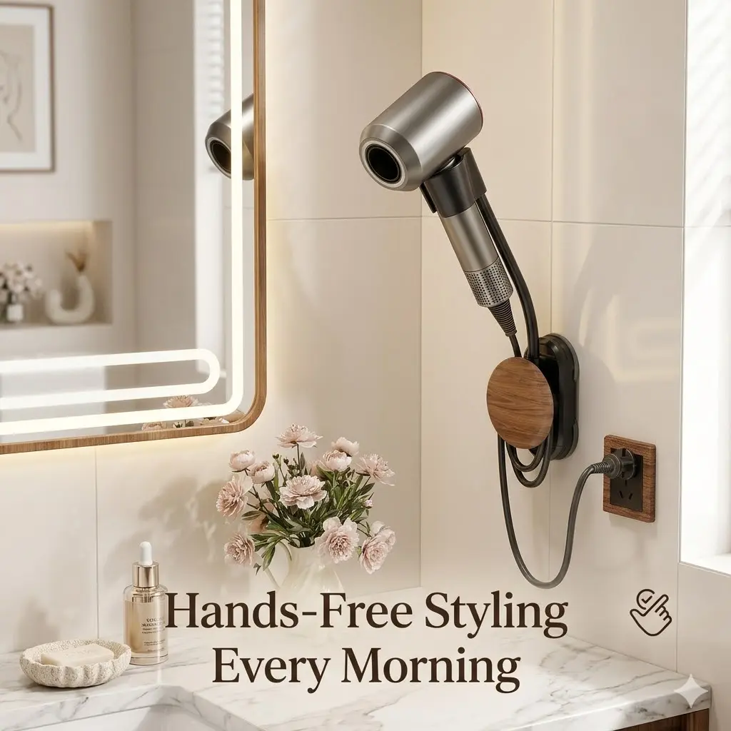 Wall Mount Hands-Free Hair Dryer Holder - No Drilling Renter-Friendly ABS Laminate Stand for Unisex Adults, 360° Rotatable Bracket with Cord Organizer, 11 lbs Capacity Modern Walnut Wood Grain Bathroom Gadget with Makeup Brush Storage, Bathroom Mirrors, B