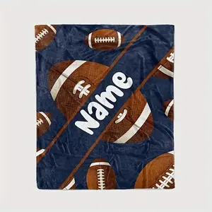 1pc Personalized Rugby Printed Flannel Blanket - Custom Name/Text, American Football-Inspired Design with Rugby Balls & Stripes, Navy Blue & Brown, Machine Washable All-Season Soft Throw for Couch, Bed, Travel, Camping, Office - Gift for Sports Fans