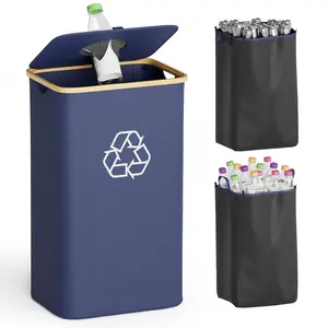 Recycling Bin for Kitchen 26 Gallon, 100L Recycle Bin with Lid and 2  Inner Bags, for Bottle Can Glass Plastic Stickers, Blue