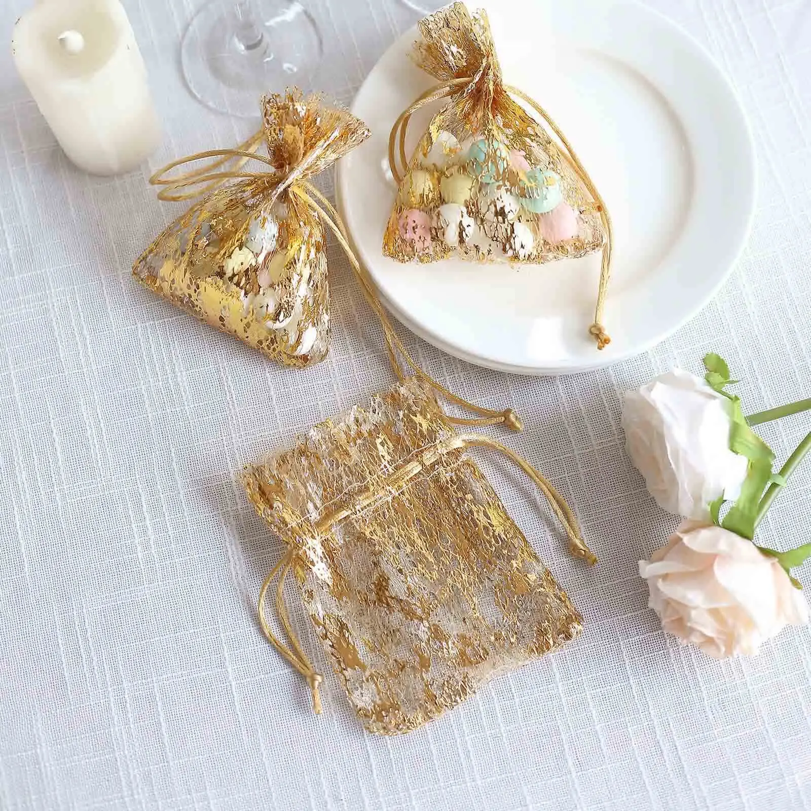 12-Pack Metallic Gold Foil Polyester Drawstring Favor Bags, Wedding Party Candy Holders, Gift Wrapping Supplies - 4"x5" Gold Foil Gifts & Wrapping Pack of 12 Favor Bags