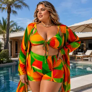 Women's 3-Piece Tropical Print Bikini Set - High-Waisted Shorts, Long-Sleeve Kimono Cover-Up, Plus-Size Curvy Sports & Outdoor Surfwear for Vacations comfortable swimsuit
