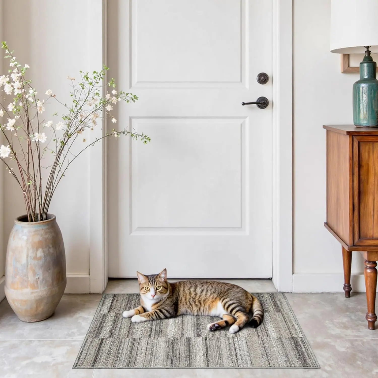 Entryway Rug 2x3-Thin Washable Rug Non Slip Doormat Indoor Small Geometric Striped Lightweight Throw Carpet for Bedroom, Taupe