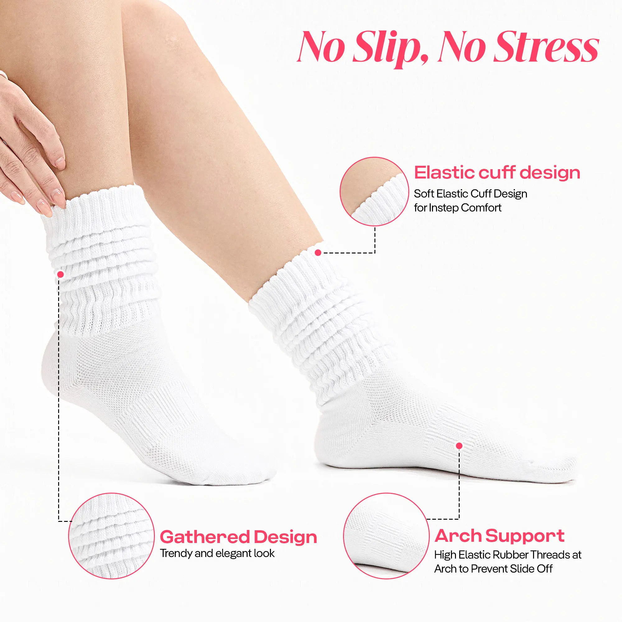 3 Pairs CoolMate Women's Scrunch Crew Socks, Mid Calf Boot Socks (White)
