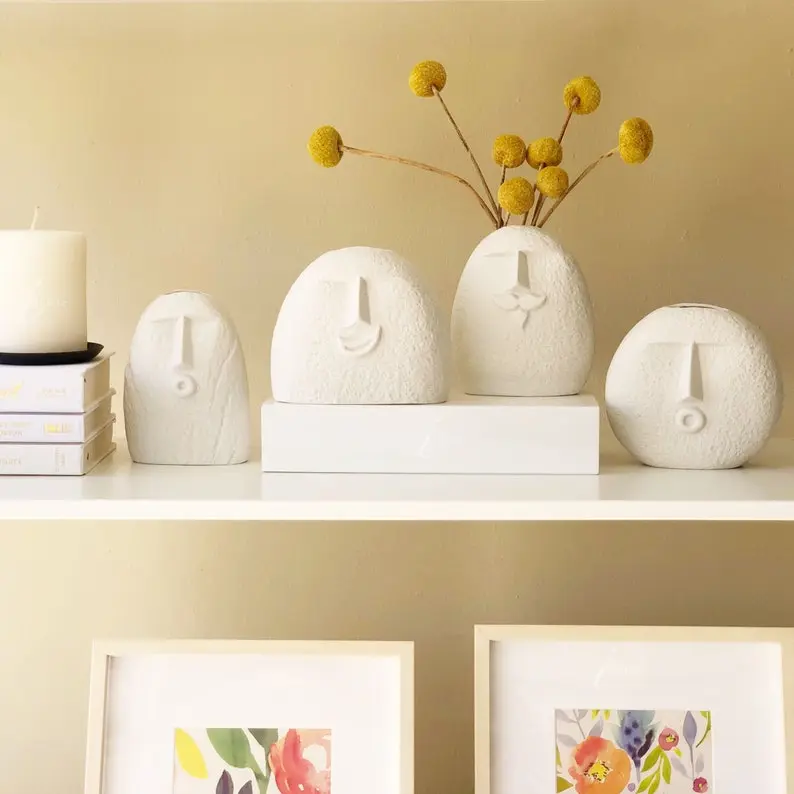 Set of 2 Ceramic Facial Expression Vases: Minimalist Home Decor