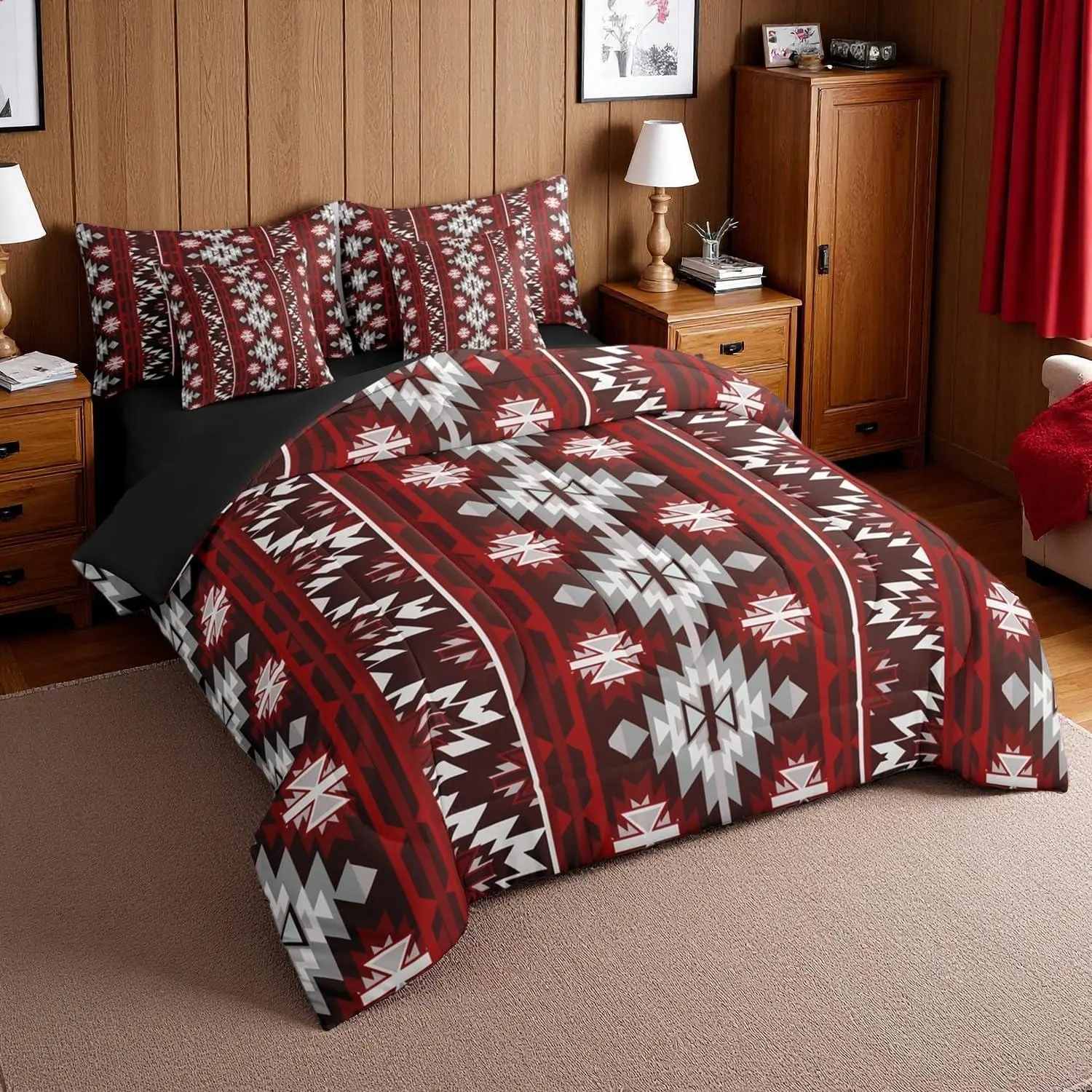 Feelyou 7-Piece Queen Comforter Set - Rustic Western Aztec Tribal Bedding Set with Flat Sheet, Fitted Sheet, Bohemian Geometric Vintage Farmhouse Bed-in-A-Bag Comforter, Bedding Sets