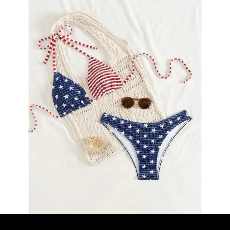 Amber Royale Women's 2-Piece Stretch Polyester Blend Bikini Set, Halter Cut Backless Top with Removable Pads, High Waist Side Strap Bottoms, 4th of July Patriotic Beach Swimwear for Summer Vacation, Two Piece Sets
