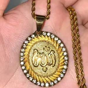 316L Stainless Steel Allah Oval CZ Religious Pendant & 3mm 24" Rolo Chain Necklace Hip Hop Style