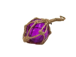 Purple 2-in Hand-Blown Japanese Glass Ball Decorative Float, Brown Netting Hanging Ornament, Nautical Office Decor for Water Sports Kayaking