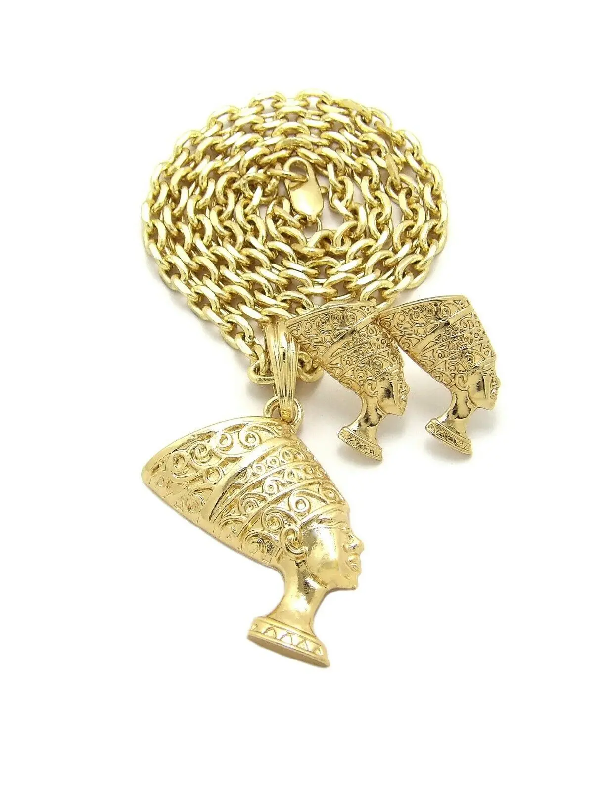 MaxBling81 Unisex Gold-Plated Ancient Motif Hip-Hop Jewelry Set - Egyptian Queen Nefertiti Necklace, Stud Earrings for Everyday Wear, Hip-Hop Jewelry Sets