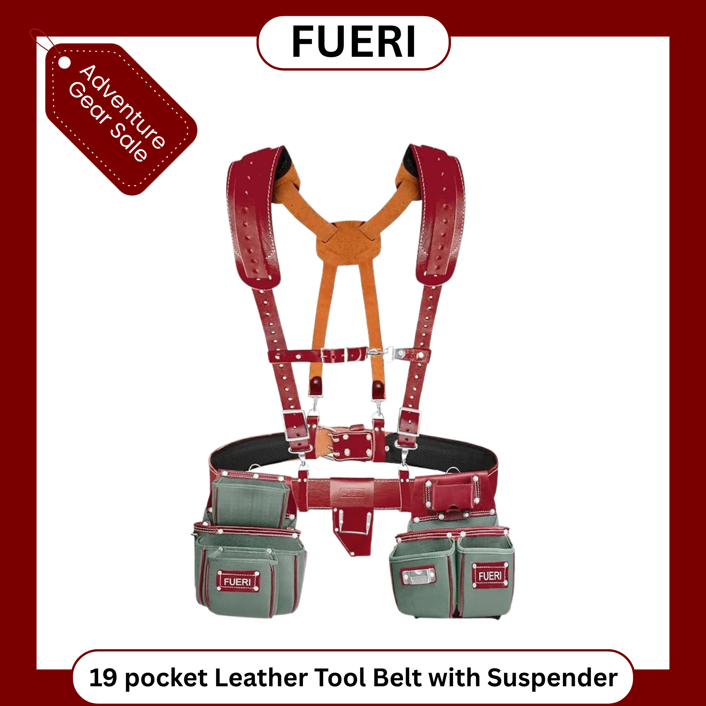 FUERI Nylon and Leather Tool Belt with Suspender comes with 19 Pocket with Adjustable Foam Padded Belt,Heavy Duty Pouches, 4 D-Loops, Leather Suspender and hammer holder for Carpenters & Electricians