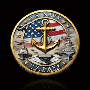 Us Navy 250th Anniversary Commemorative Coin, Military Ship Design with American Flag, Detailed Art Memorial Gift