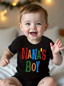Unisex Grandma-Themed Cotton Blend Baby Romper - Short-Sleeve, Letter-Print Newborn Crawling Suit with Grandma Love Colorful Design Sleek Black Base Cheerful Phrase Bold Multicolored Typography