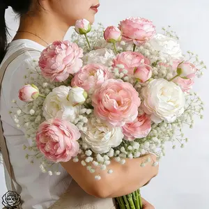 24 White & Pink Peony & Baby's Breath Bouquet - Ideal for Home Decoration, Festival Decoration, Wedding Decoration, Wedding Bouquet, Gift Giving, Store Decoration, Restaurant Decoration. Artificial Flowers for Weddings, Shops, Valentine's Day,