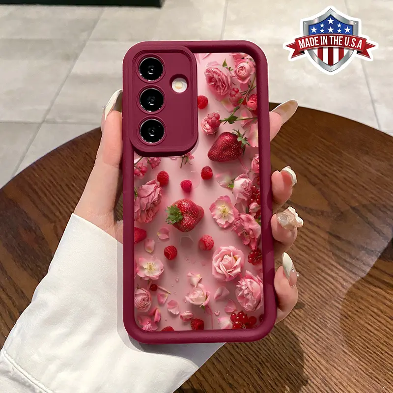 Strawberry & Pink Moonflower Fashion Gift Smartphone Casing for Samsung S22/S23/S24 Ultra Plus, S25 Handheld Cellphone Devices - Military-Grade Shockproof Non-Slip Silicone Cover, Accessories