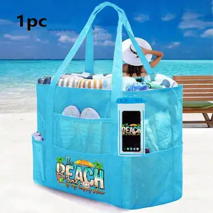 1pc Large Mesh Beach Bag, Multifunctional Storage Bag, Zipper Closure, Foldable, Lightweight, Waterproof, Suitable for Home Beach Use