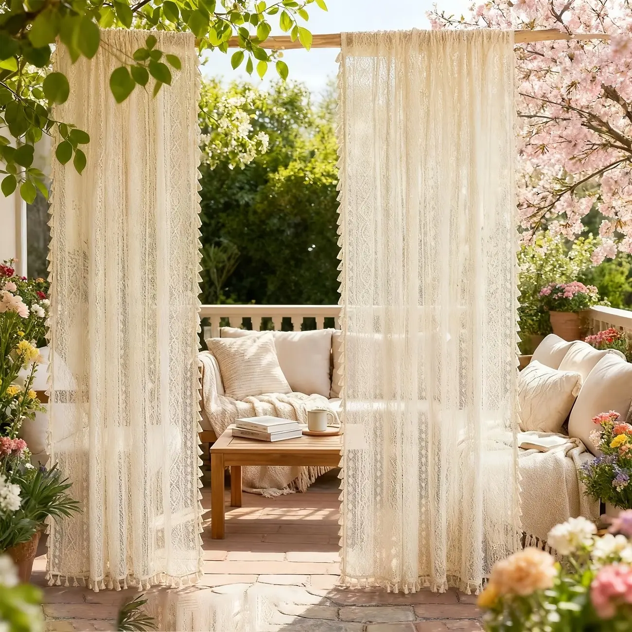 1pc Boho Style Ivory Fringe Lace Sheer Curtain, Light-Transmitting Privacy Window Decor, Room Decor Curtain, Ideal for Guest House Garden Floor-To-Ceiling Windows, Window Curtains