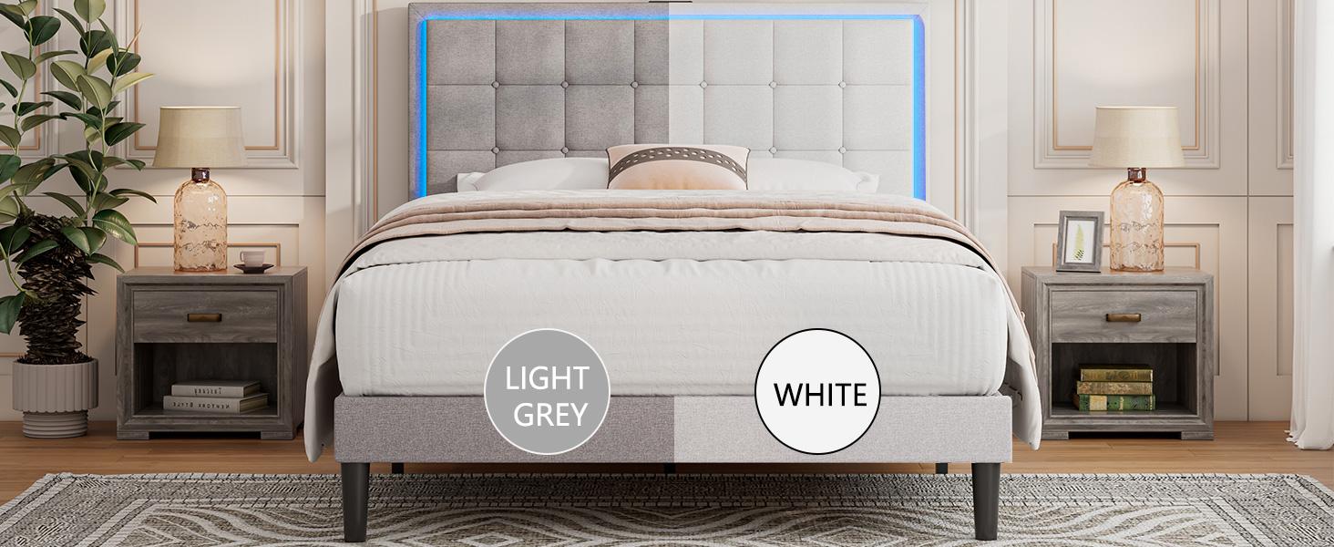 AMERLIFE Modern Bed Frame with RGB LED Lights and Linen Upholstered Headboard, Button Tufted Platform Bed Frame with USB Charging Station, Only Bed Frame/Affordable Luxury Bed Frames/Full/Queen/King/Best Gift Ideas/Christmas Gifts