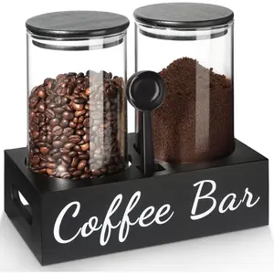 Coffee Bar 2-Pc 50 Fl Oz Airtight Bean Storage Canister Set with Scoop Shelf & Labels for Coffee Beans Sugar Tea Home Kitchen Utensils Utensils Kitchen Containers Glass