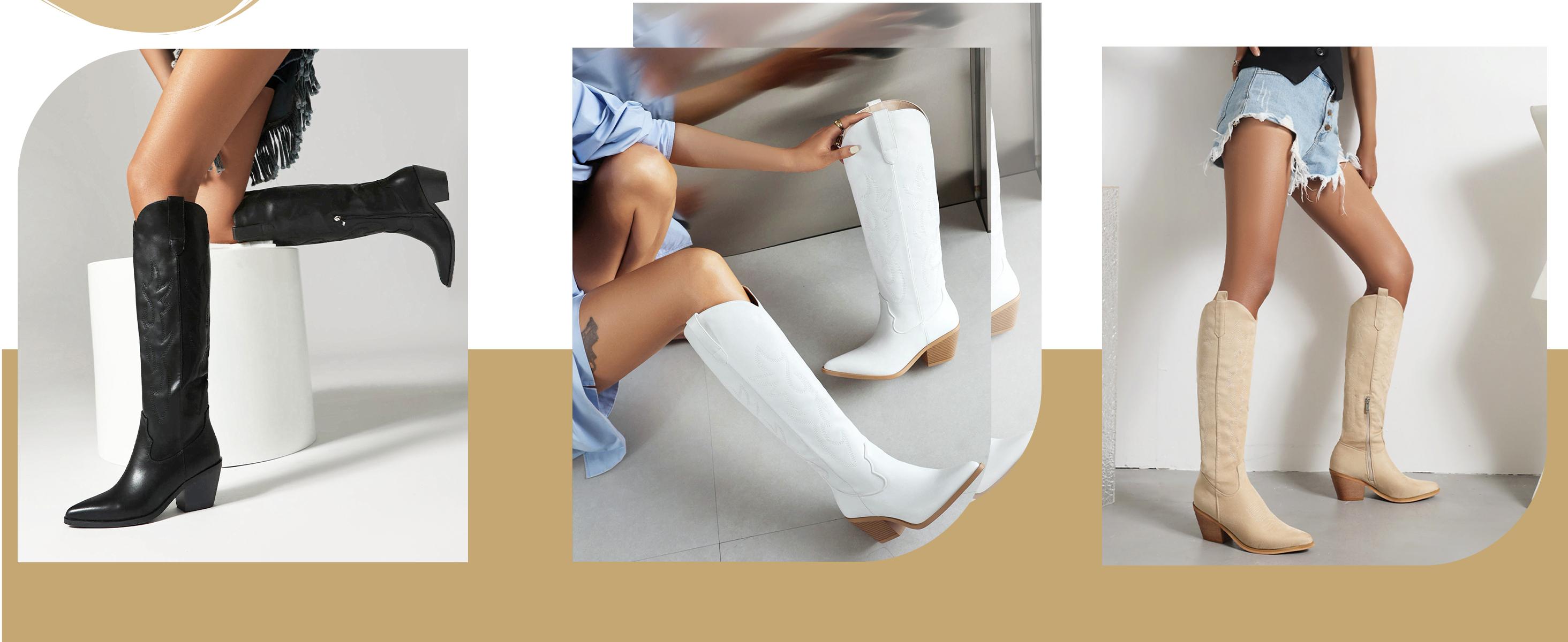 Reitoye Cowboy Boots for Women Embroidery Western Cowgirl Knee High Chunky Heel Boots with Pull-Up Tabs