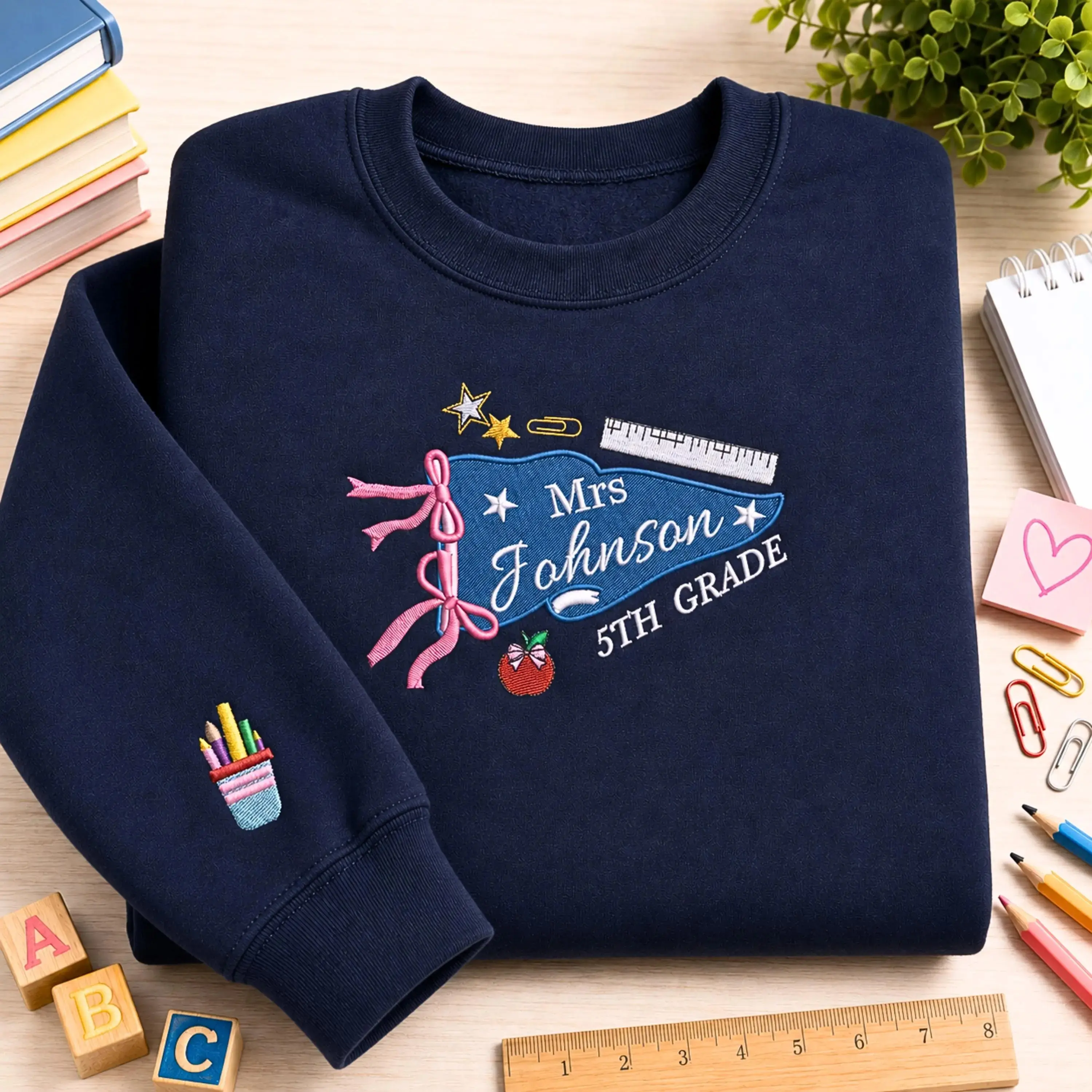 [MADE IN US] Personalized Teacher Pennant Sweatshirt - Embroidered Fifth Grade Teacher Sweatshirt - Elementary Teacher Gifts, Back to School Teacher Gift