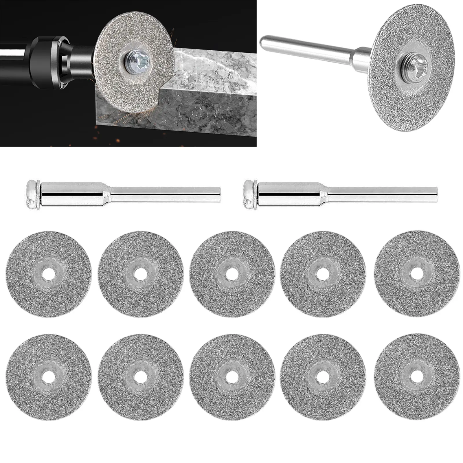 10Pcs 22mm Diamond Cutting Wheel Saw Blades Set with 2 Pcs Mandrels, for Dremel Rotary Tool, Ceramics, Marble, Hard Woods, Carving Projects, Ideal for DIY Enthusiasts