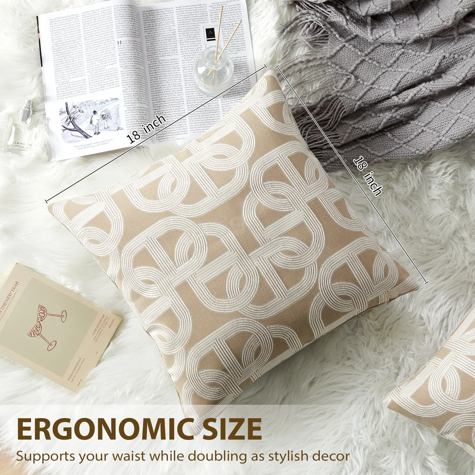 Latte 18x18 in Polyester Yarn-Dyed Jacquard Horseshoe Pattern Throw Pillow Cover, Machine Washable Luxury Modern Decorative Cushion Case for Couch, Living Room Bedroom, Machine Wash