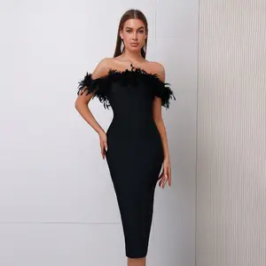 Off-Shoulder Feather Cocktail Dress For Women