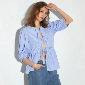 Women’s Bow Tie Front Tops Puff Sleeve Round Neck Striped Print Babydoll Shirts Spring Fall Blouses
