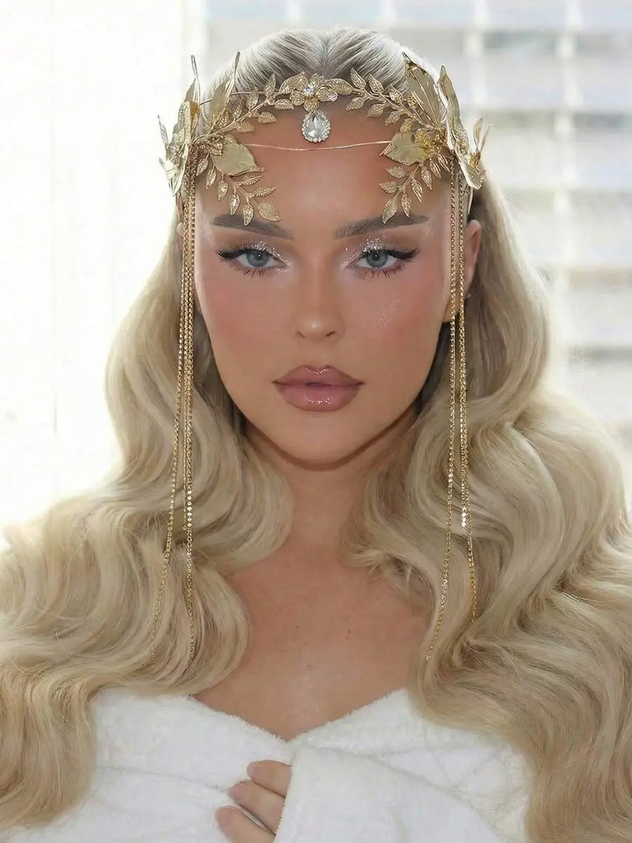 Bohemian Style Gold Long Tassel Bride Forehead Band Alloy Leaf Wedding Hair Accessories, Suitable For Wedding Party Women's Attire,Summer,Beach