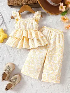 Boho Baby Girl Summer, Sunflower Print Sleeveless Top & Wide Leg Pants Set, Perfect for Coachella Music Festival