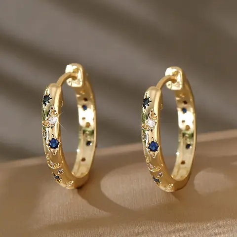 Vintage Star & Moon Decor Hoop Earrings, Chic Fashionable Rhinestone Decorated Earrings for Women, Trendy All-match & Exquisite Jewelry for Birthday Gift, Statement Earrings, Fashion Accessory, Fashionable Jewelry Accessories, Ear Hoops #GLOBAL PICKS