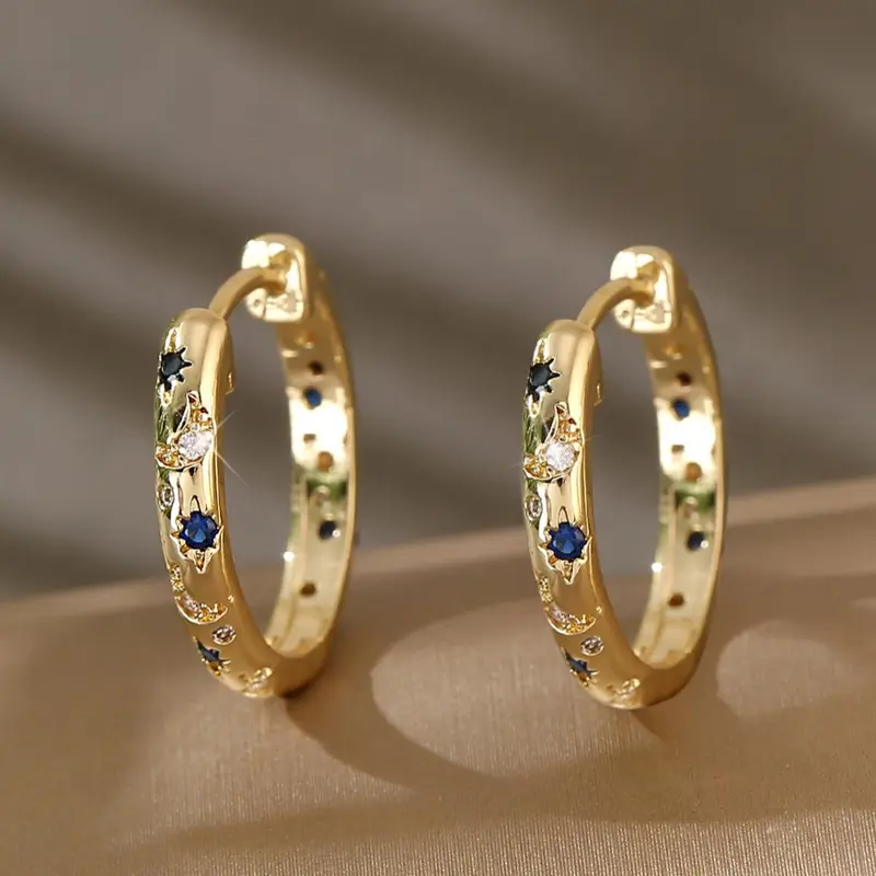 Vintage Star & Moon Decor Hoop Earrings, Chic Fashionable Rhinestone Decorated Earrings for Women, Trendy All-match & Exquisite Jewelry for Birthday Gift, Statement Earrings, Fashion Accessory, Fashionable Jewelry Accessories, Ear Hoops #GLOBAL PICKS