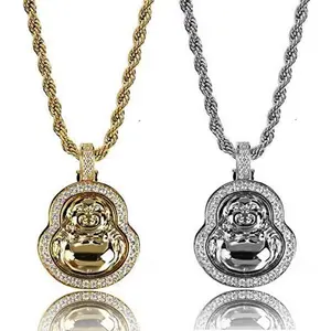 Iced Gold Silver Plated Unisex Lab Diamonds Lucky Happy Buddha Religious Pendant & 4mm 24" Rope Chain Necklace Fashion Jewelry Gift For Men, Women