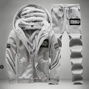 Men’s Two-Piece Winter Casual Sports Set – Thick Fleece-Lined Hooded Jacket with Long Joggers (Sweatpants), Hooded Jacket, Pockets on Pants, Warm, Thickened Outfit