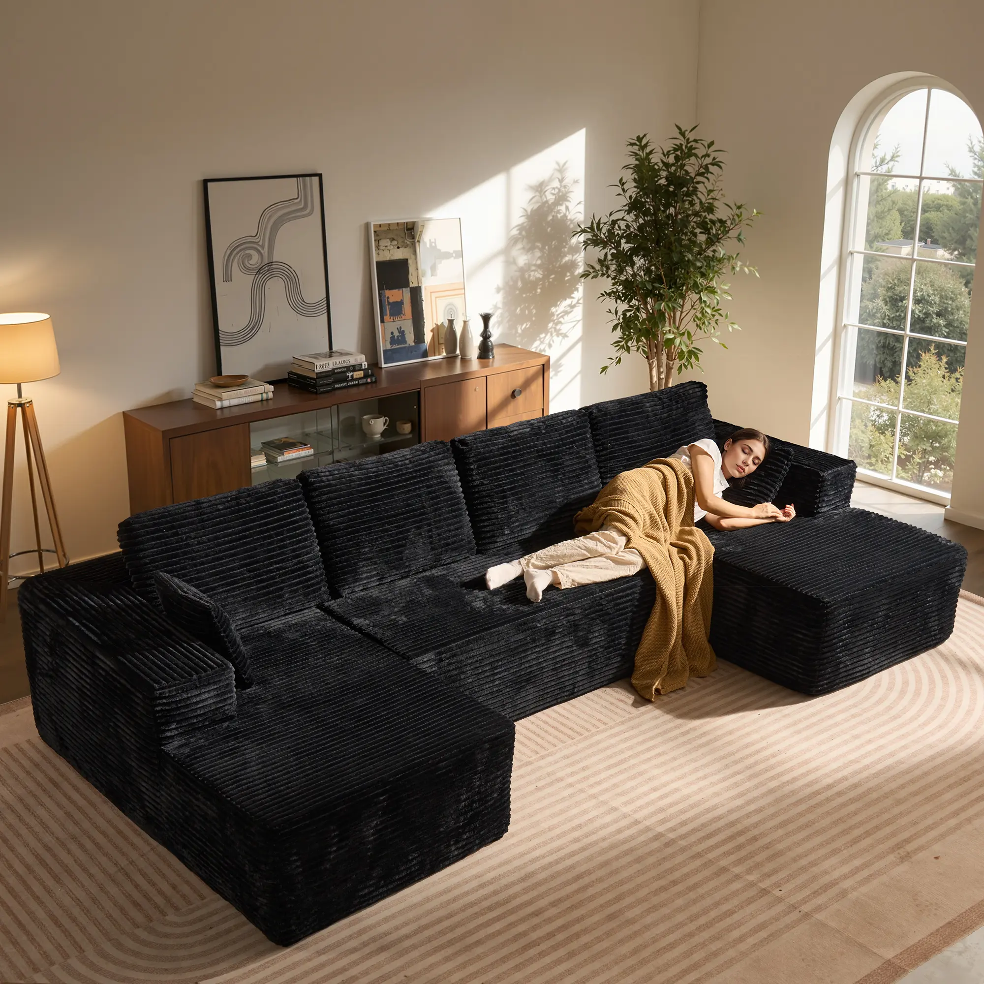 Black U-Shaped with Upgraded Back Cushion,2*Chaise