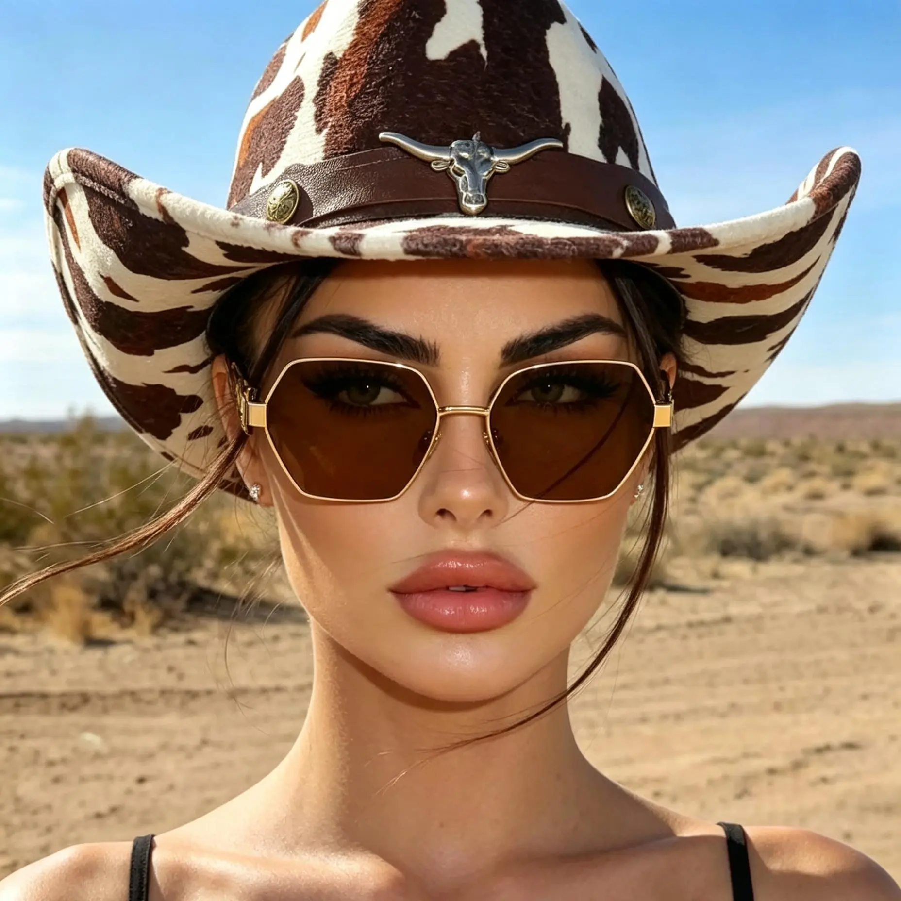 Women's Luxury Hexagonal Chic Casual Outdoor Sunglasses - Golden Horn Metal Frame, UV400 Protection, Creamy White Shades, Retro Trendy High Quality Eyewear, Detachable Covers, Polycarbonate, Leopard Print, for Outdoor Wear Driving
