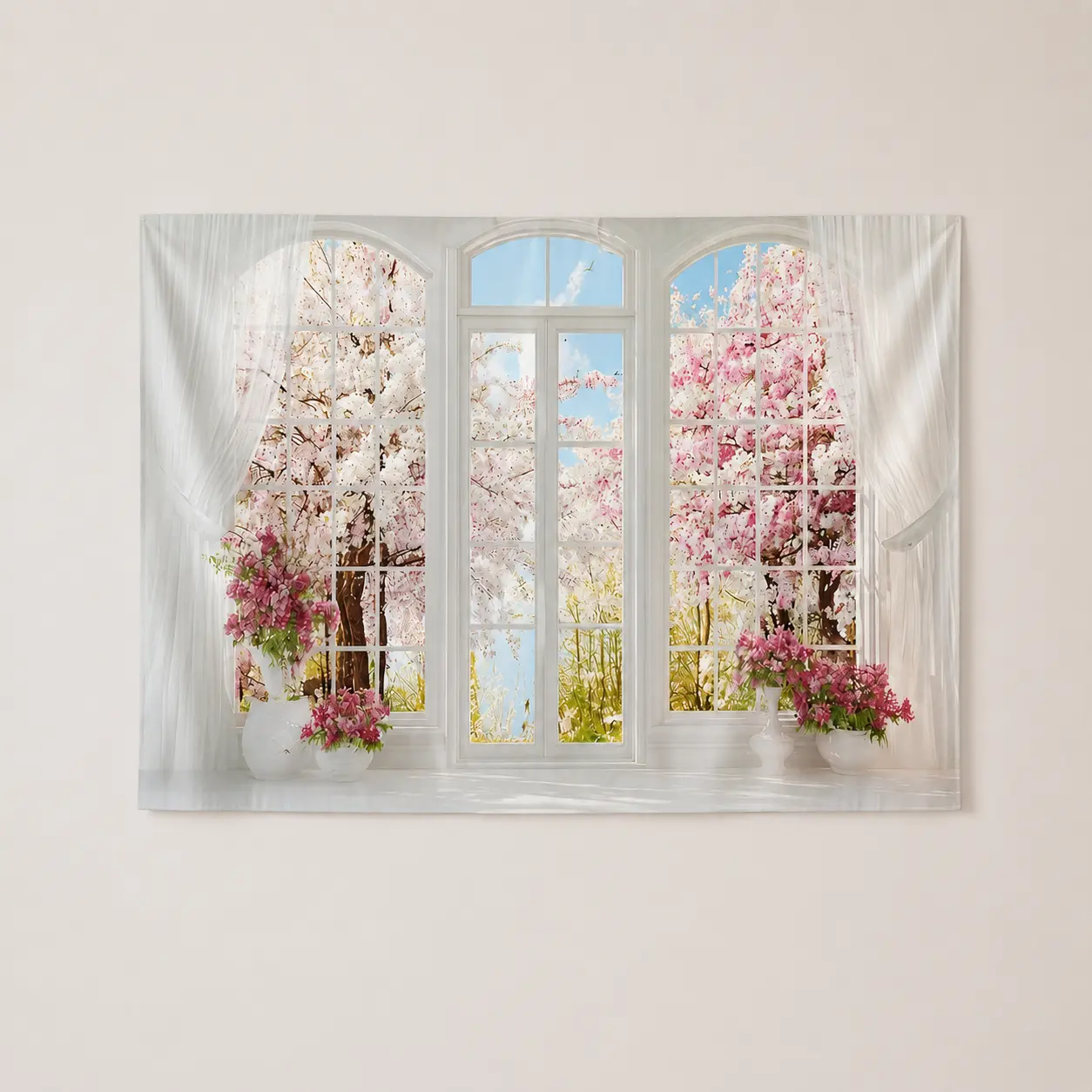 2D Flat Mural Backdrop - Comfortable, Durable Polyester Sheet with Soft Texture, Realistic 3D Spring Prints, White Window Curtains, Blooming Plant Trees, Multi-Size Banner for Photo Props, Home Decor