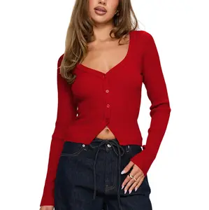 FAIABLE Cardigan Sweaters for Women Button Long Sleeve Cardigans Open Front V Neck Cropped Sweaters Slim Fit Stretchy Shirt Soft Lightweight Layering Blouse Casual Elegant Tops Going Out Shirts Cute Trendy 2026