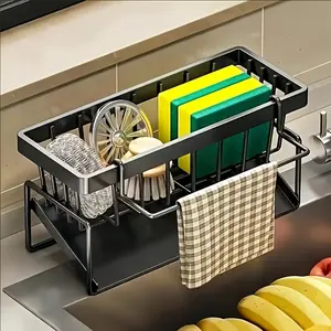 Kitchen Sink Metal Drain Rack Self-Draining Storage Basket for Dishwashing Brushes Rags Soap & Scrubbing Accessories Organizer essential bathroom Universal Sponge Holder cabinet Stainless Steel Countertop Shelves space-saving drainer