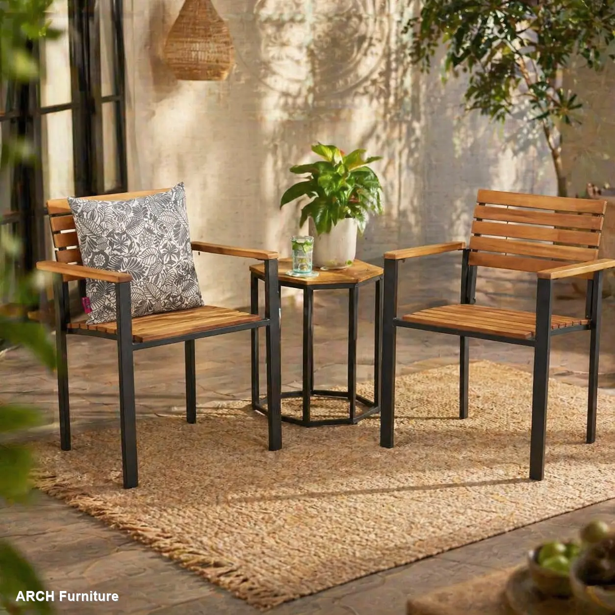 Commercial Restaurant Dining Chairs - Modern Arch Laris Wood-Metal Design, Acacia Wood Slatted Panels, Industrial Style High-Stability Furniture, Clean Lines, 23.50 x 20.75 x 32.00 in